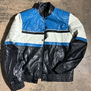 Men's Small Fried Denim NYC Colorblock Faux Leather Jacket Blue White Black